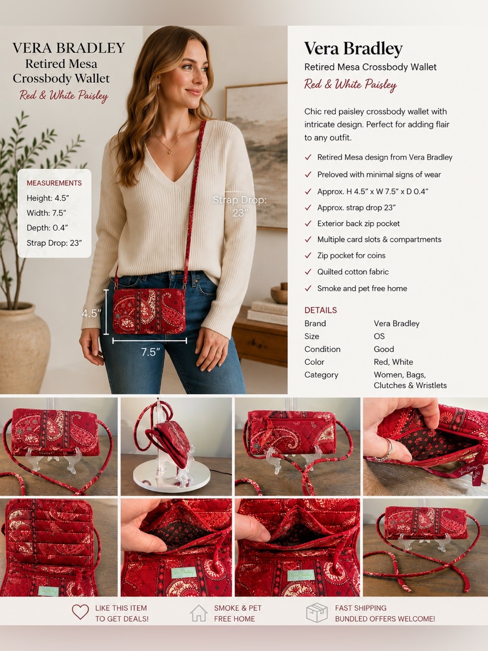 Vera Bradley Retired Mesa Crossbody Wallet Red White Paisley Quilted Organizer